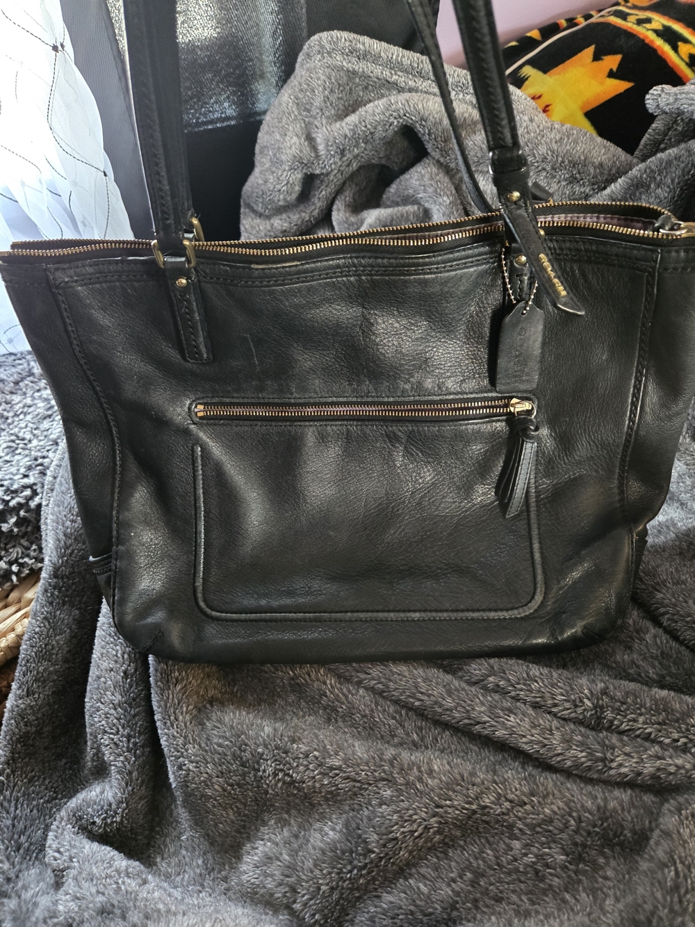 Coach Black Leather Shoulder Tote with Front Zip Pocket
